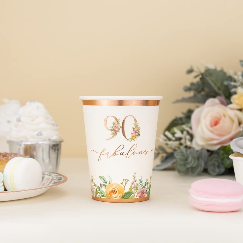 Crisky 90th Birthday Napkins and Plates for Women Rose Gold Floral Party Decoration, 90 and Fabulous Plates and Napkins for Women 90th Birthday.