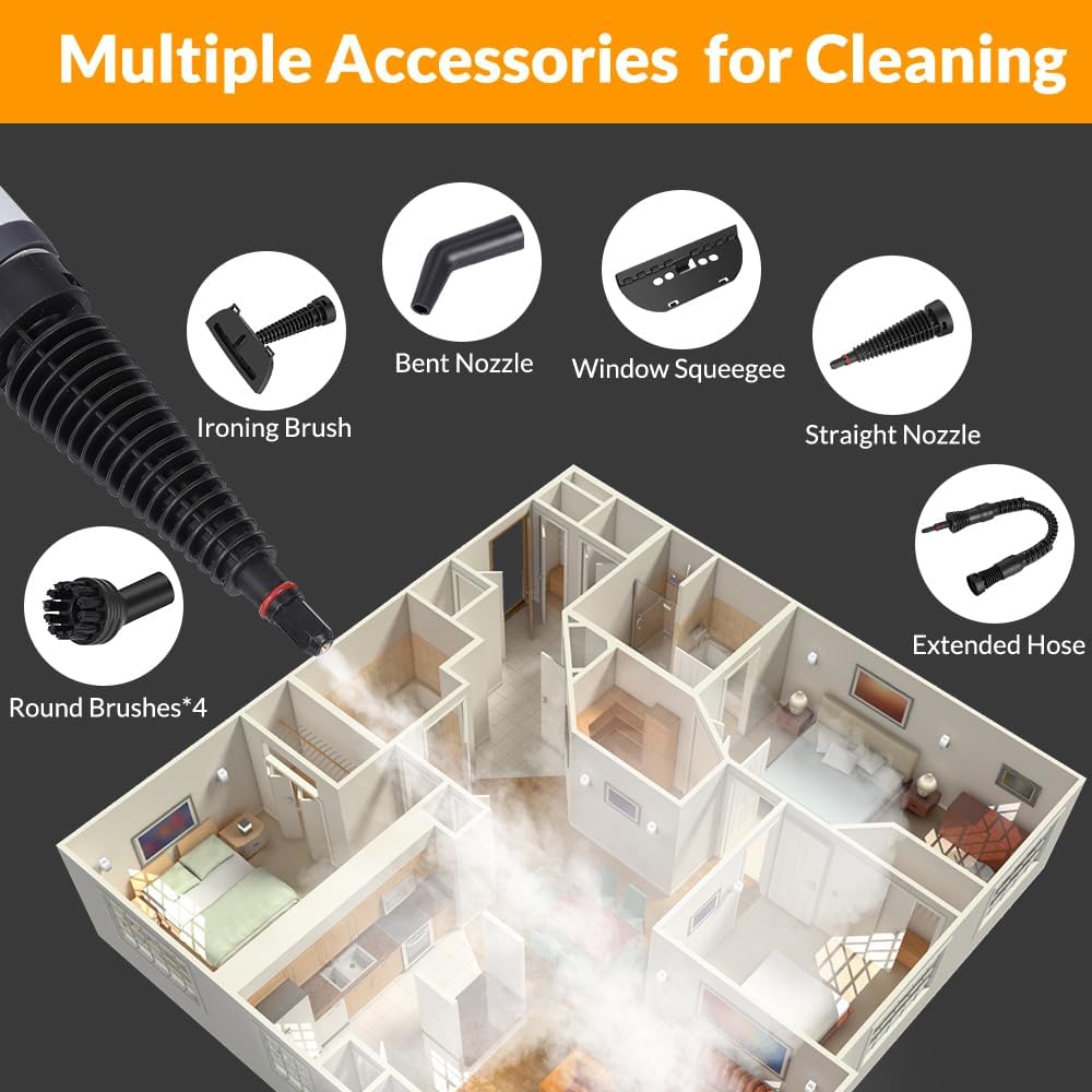 Skiennix Handheld Steam Cleaner - Powerful Pressurized Cleaning with 12 Accessories | Deep Gray
