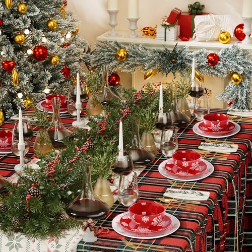 Red Ceramic Christmas Cereal Bowls Set - 6 Pieces, 5.6 Inch Snowflake Holiday Dinnerware