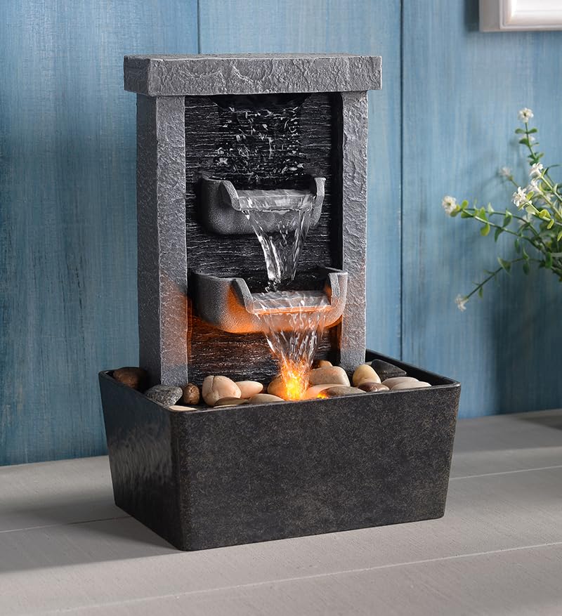 Tabletop Indoor Waterfall Fountain with LED Lights & Natural River Rocks