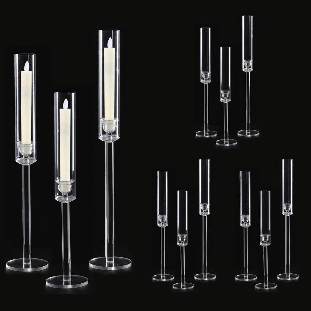 Vincidern 12pcs Taper Candle Holder Acrylic Candlestick Holder Clear Set for Table Centerpiece, Long Candle Stick Candle Stand Cylinder Shade for Wedding Party Dining Room Decor