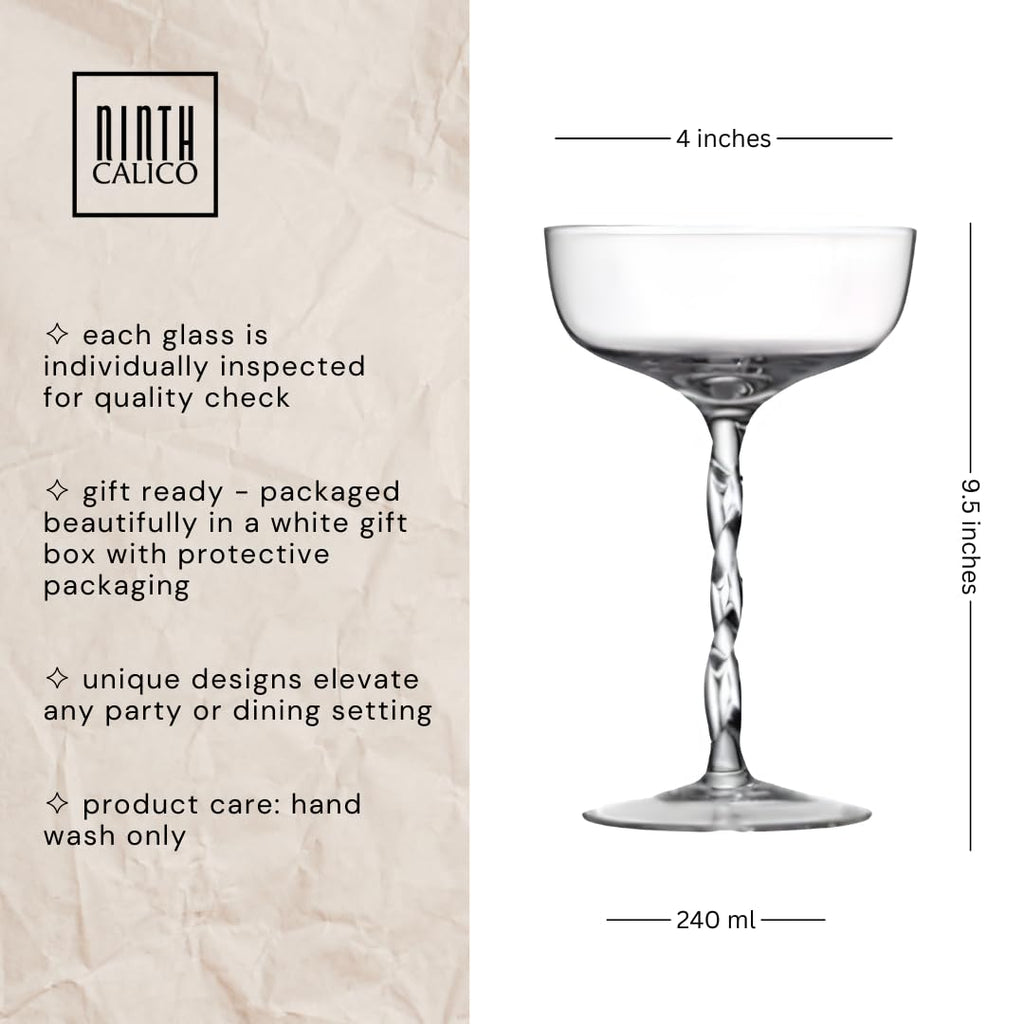 Ninth Calico Crystal Cocktail Coupe Glasses, Set of 4, Elegant Stemware for Parties and Special Occasions, Large, Clear, NC-004