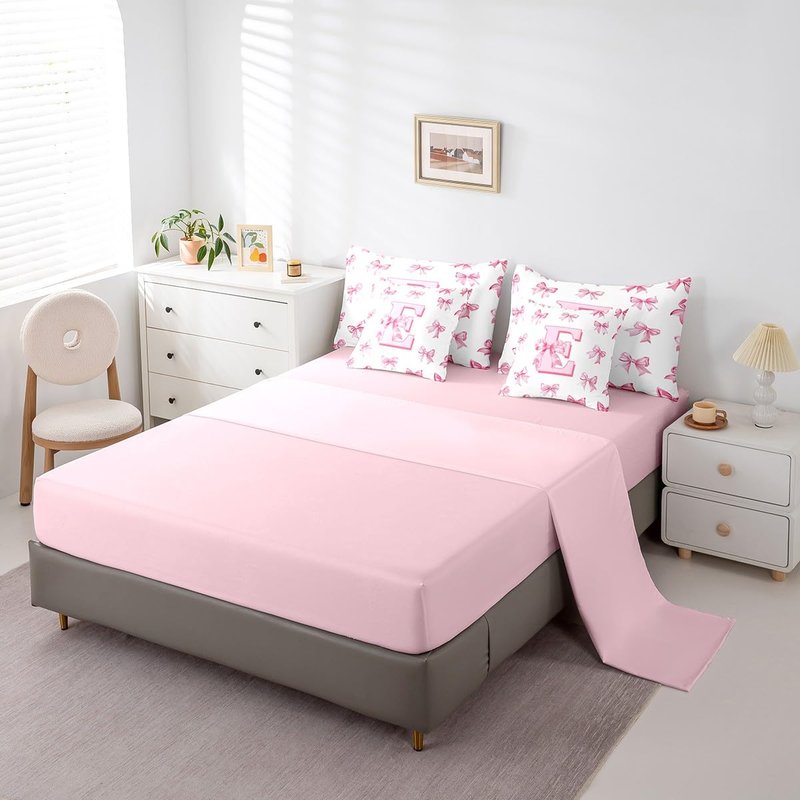 Erosebridal Dreamy Princess Bowknot Girls Bedding Set Kids Pink Initial Letter E Bed in A Bag with Sheets Cute Kawaii Letter Bow Twin Comforter Set 7 Piece Romantic Chic Bowknot Bed Set Room Decor