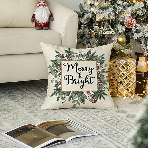 16x16 Inch Christmas Throw Pillow Cover Merry & Bright Eucalyptus & Mistletoe