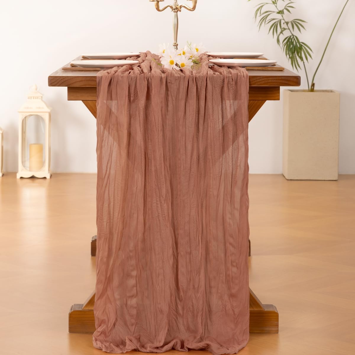 Socomi Cheesecloth Table Runner - 120 Inch Dusty Rose Boho Rustic Design for Weddings & Events