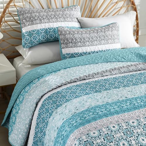 Teal Boho Queen Quilt Set - 3-Piece Floral Striped Microfiber Bedspread