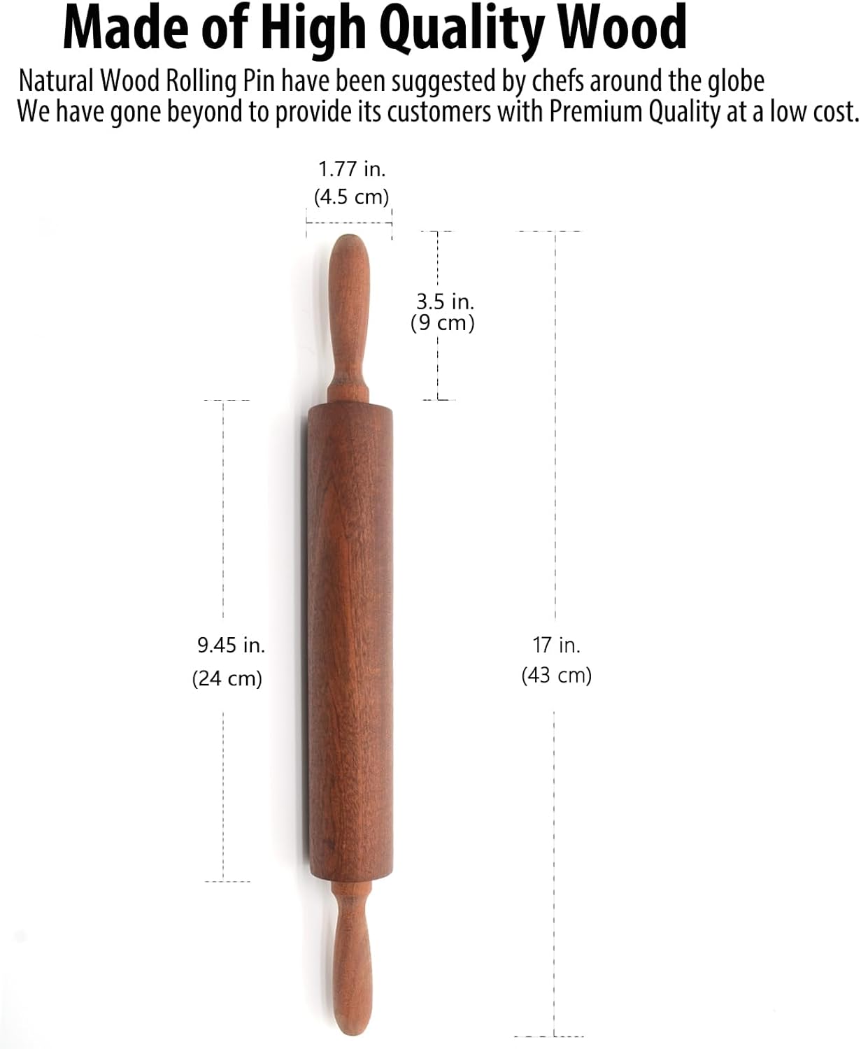 Sapele Classic Wooden Rolling Pin - Ergonomic Handles for Easy Baking | 17''L x 1.77''W