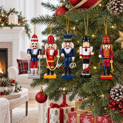 Set of 5 Wooden Nutcracker Christmas Ornaments - Hand-Carved Holiday Figures