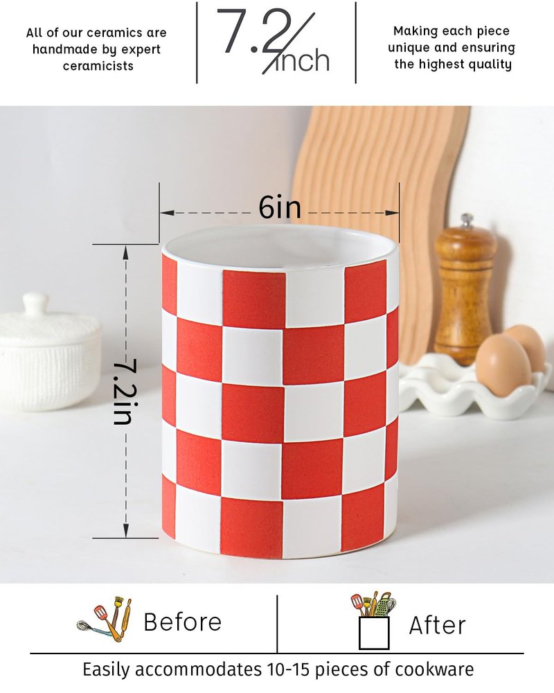 Swkien Utensil Holder, 7.2 Inch Checkered Utensil Holder, Ceramic Cooking Utensil Spoon/Spatula Holder for Countertop, Kitchen Decor and Accessories for counte(Red)