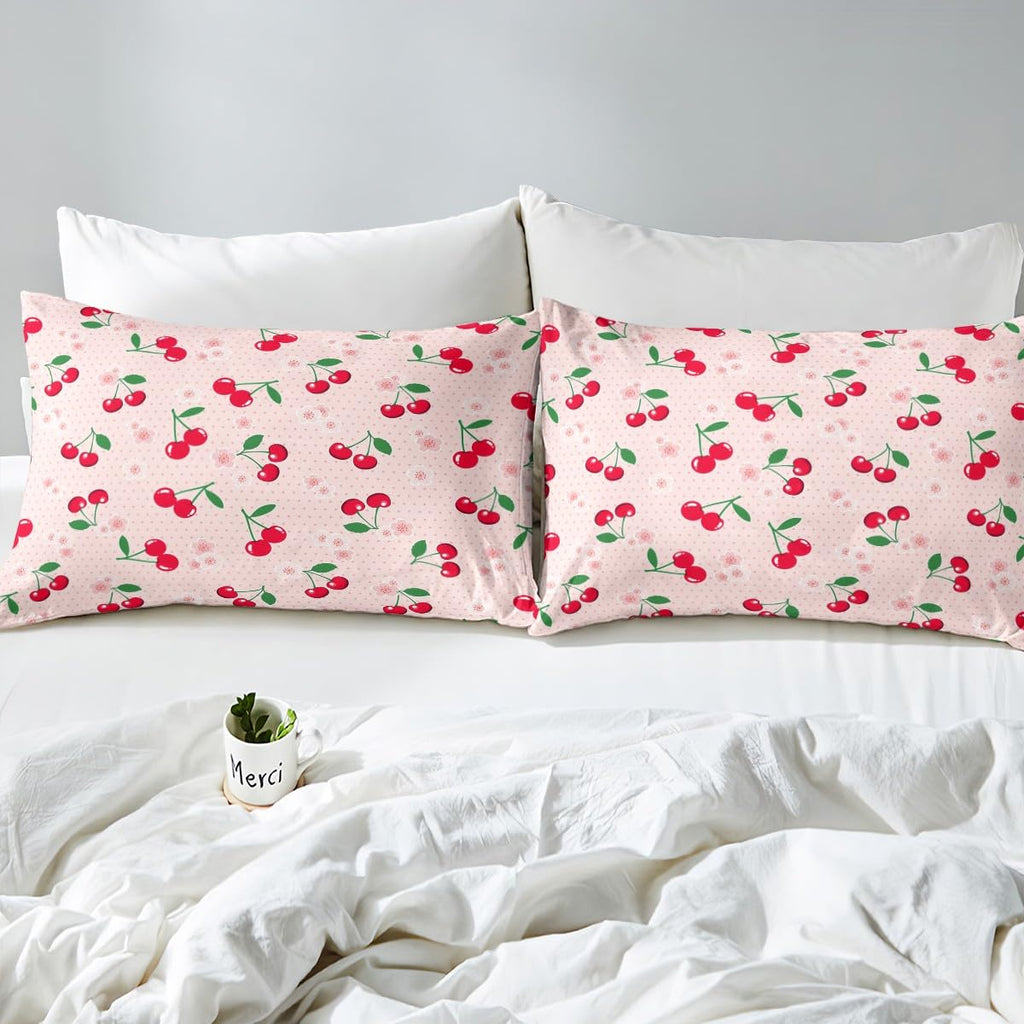 Feelyou Red Cherry Bed Set Cartoon Fruit Bed Sheets for Girls Women Children Sheet Set Girly Cute Fruit Bedding Sheets Pink 1 Bed Sheets with 2 Pillowcases King Size