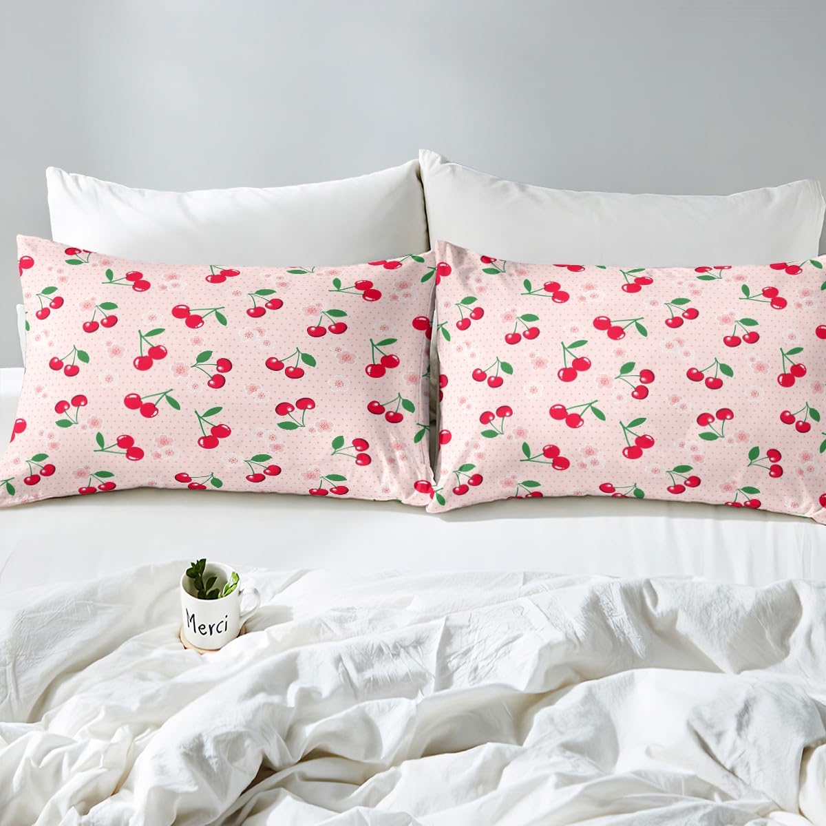 Feelyou Red Cherry Bed Set Cartoon Fruit Bed Sheets for Girls Women Children Sheet Set Girly Cute Fruit Bedding Sheets Pink 1 Bed Sheets with 2 Pillowcases King Size
