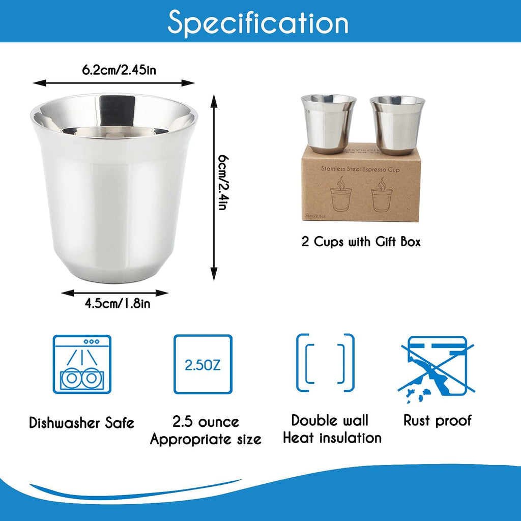 Easyworkz Pedro Stovetop Espresso Maker 6Cup 300ml, Bundled Stainless Steel Espresso Cup 2pcs Set Double Wall Insulated Metal Demitasse Cups 2.5 oz