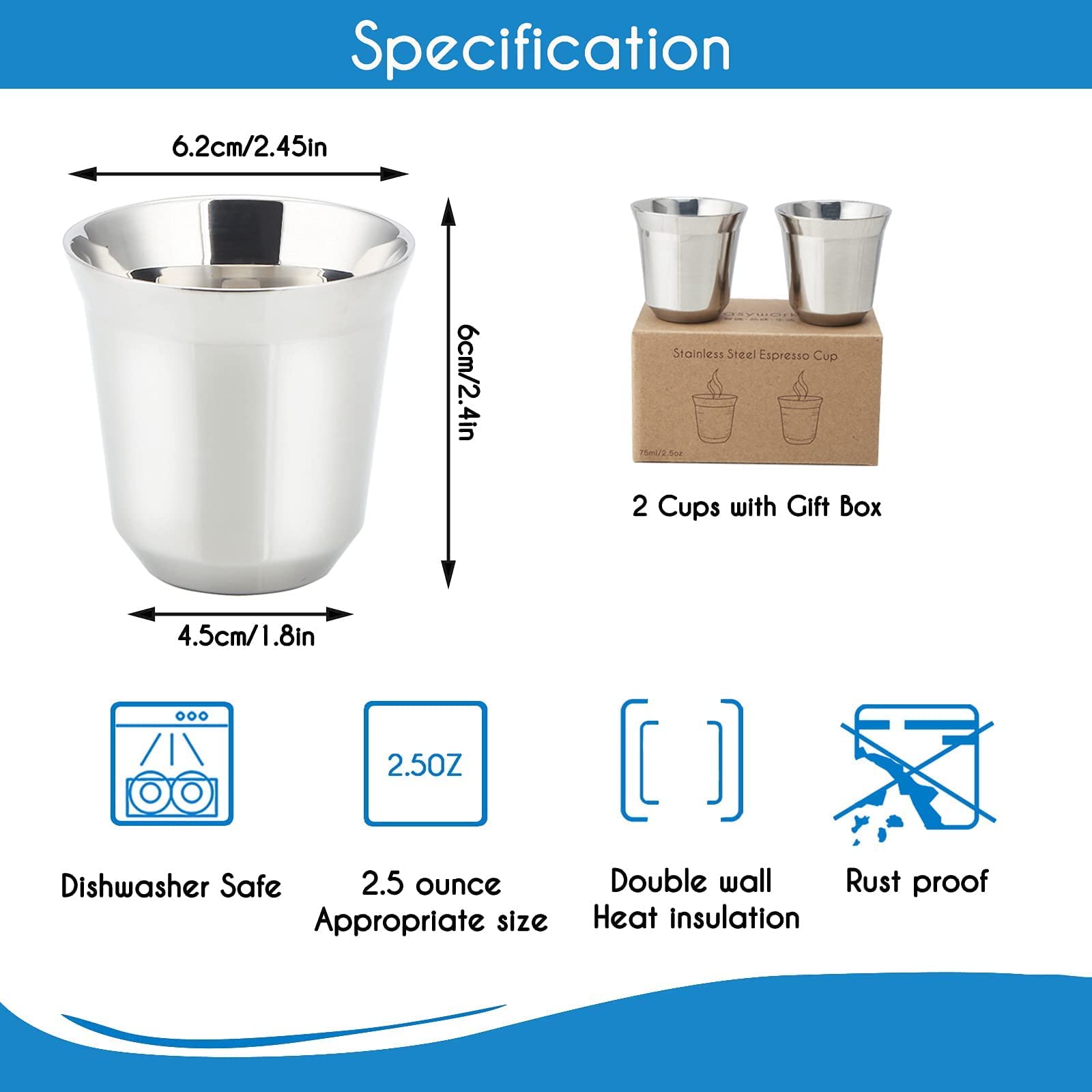 Easyworkz Pedro Stovetop Espresso Maker 6Cup 300ml, Bundled Stainless Steel Espresso Cup 2pcs Set Double Wall Insulated Metal Demitasse Cups 2.5 oz