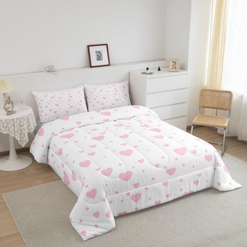 Feelyou Hearts Bedding Set Twin, Cute Love Hearts Comforter for Boys Girls Pink and White Reversible Comforter Set Geometric Pattern Duvet Set Decorative with 1 Pillow Case Reversible