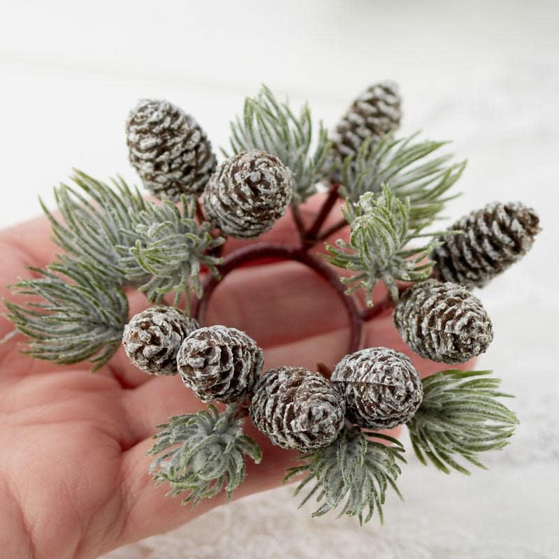 Regine Switzerland Artificial Pine & Pinecone Candle Rings - Set of 6 Faux Snowy Pine Decor