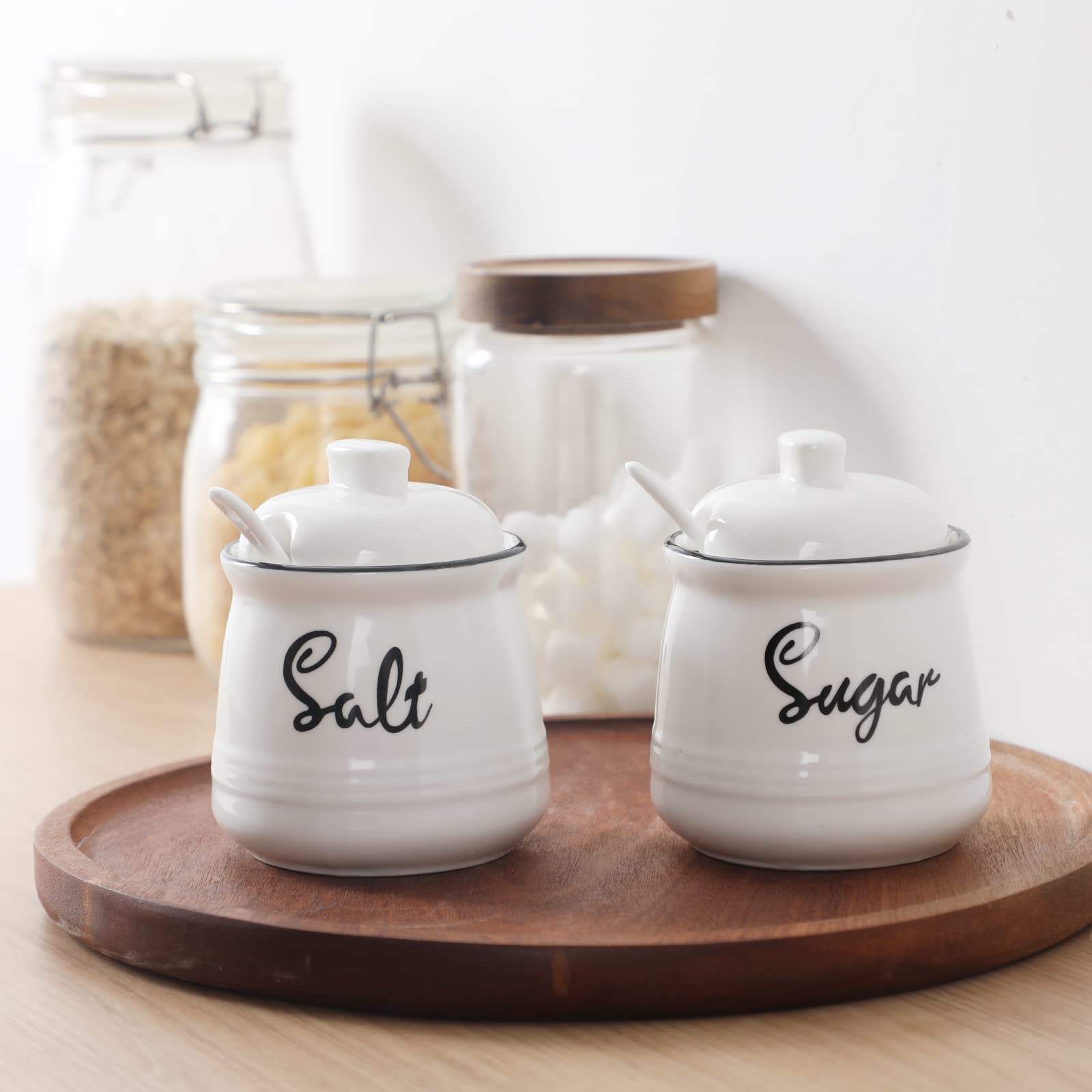 HAOTOP 12oz Farmhouse Ceramic Salt and Sugar Bowls Set with Lid and Spoons,Easy to Clean (White)