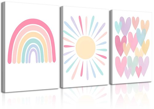 3Pcs Framed Pink Nursery Canvas Wall Art Rainbow Poster Kids Bedroom Baby Girls Toddler Pastel Wall Decor Prints Sun Boho Pink Sunshine Painting for Classroom School Nursery Decoration 16x24in