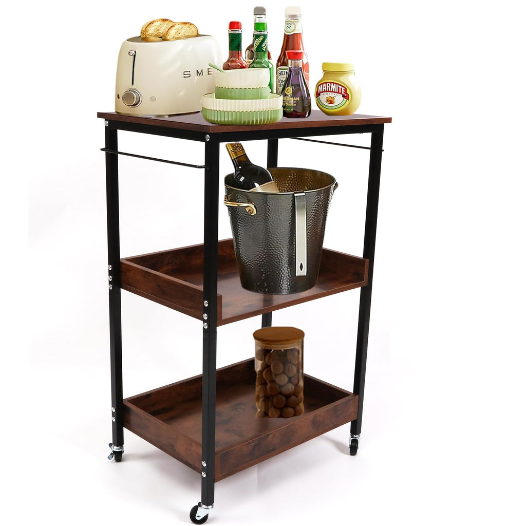 Kersiki 3-Tier Rolling Utility Cart with Table Top- Wooden Utility Cart wit Wheels- Kitchen Storage Microwave Table Stand, Mesh Shelves, for Living and Kitchen Room Office (Brown)