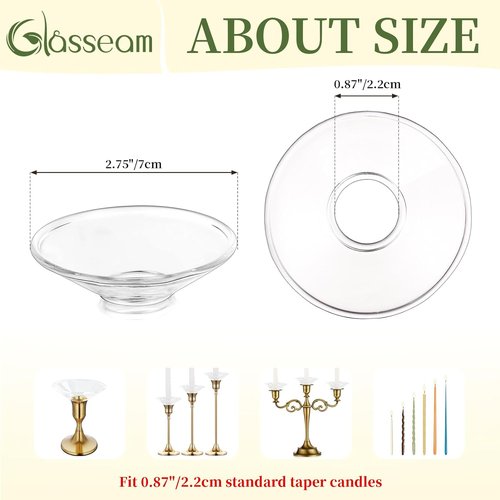 Glasseam Candle Drip Protectors - Clear Glass Bobeches for Taper Candle Holders | Set of 12 Wax Catchers