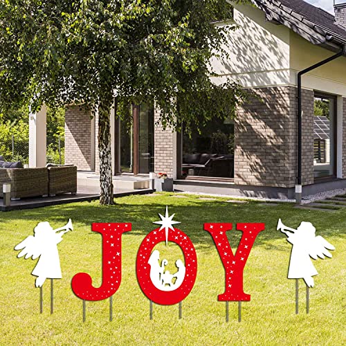 Mishunyus JOY Nativity Yard Signs - Red & White Outdoor Christmas Decor with Stakes (5 pcs)