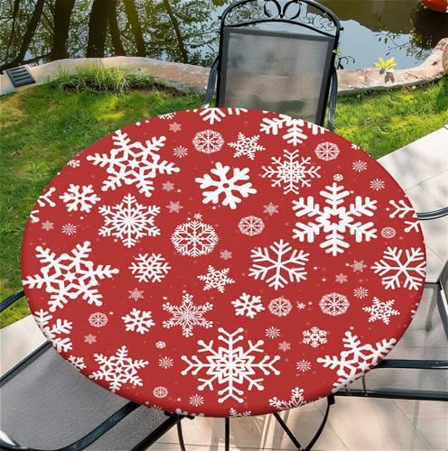 Yesad Christmas Snow Round Table Cover 60 Inch Fitted Elastic Tablecloth for Indoor Outdoor Holiday Events