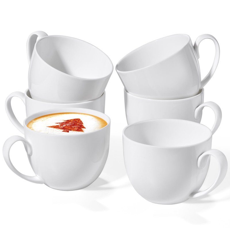 Chulan Extra Large White Bone China Cereal Mugs, 22 oz Ceramic Coffee Mug Set of 6, Latte Mugs Mocha Tea Cup, Jumbo Porcelain Soup Mugs with Big Handle for Desserts Snack, Microwave ＆ Dishwasher Safe
