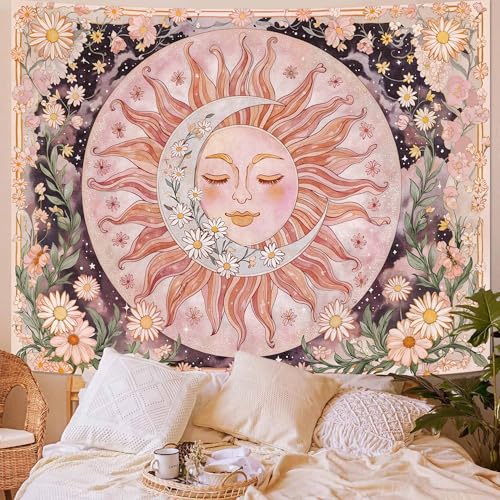 Sun Moon Daisy Wall Tapestry - Pink Boho Floral Aesthetic Decor (36x48 In)