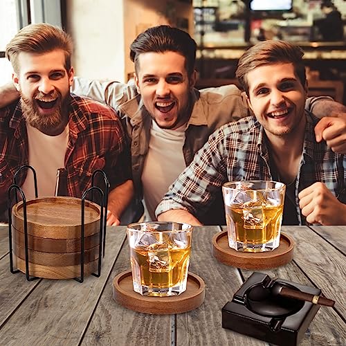 Acacia Wood Coaster Set of 6 with Holder - Farmhouse Drink Coasters