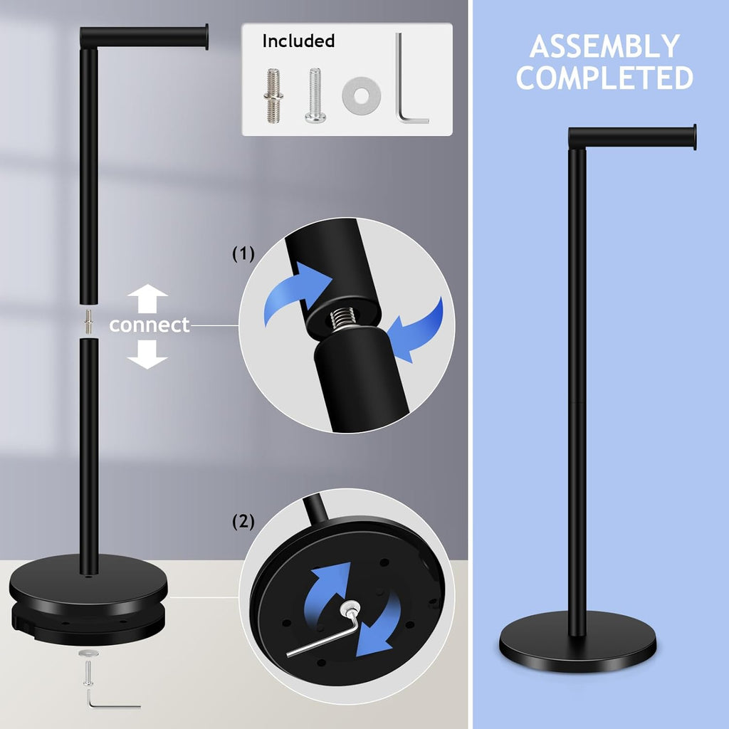 TACGEA Toilet Paper Holder Stand - Stylish Stainless Steel Free Standing Design | Holds 4 Rolls - Black (Set of 2)
