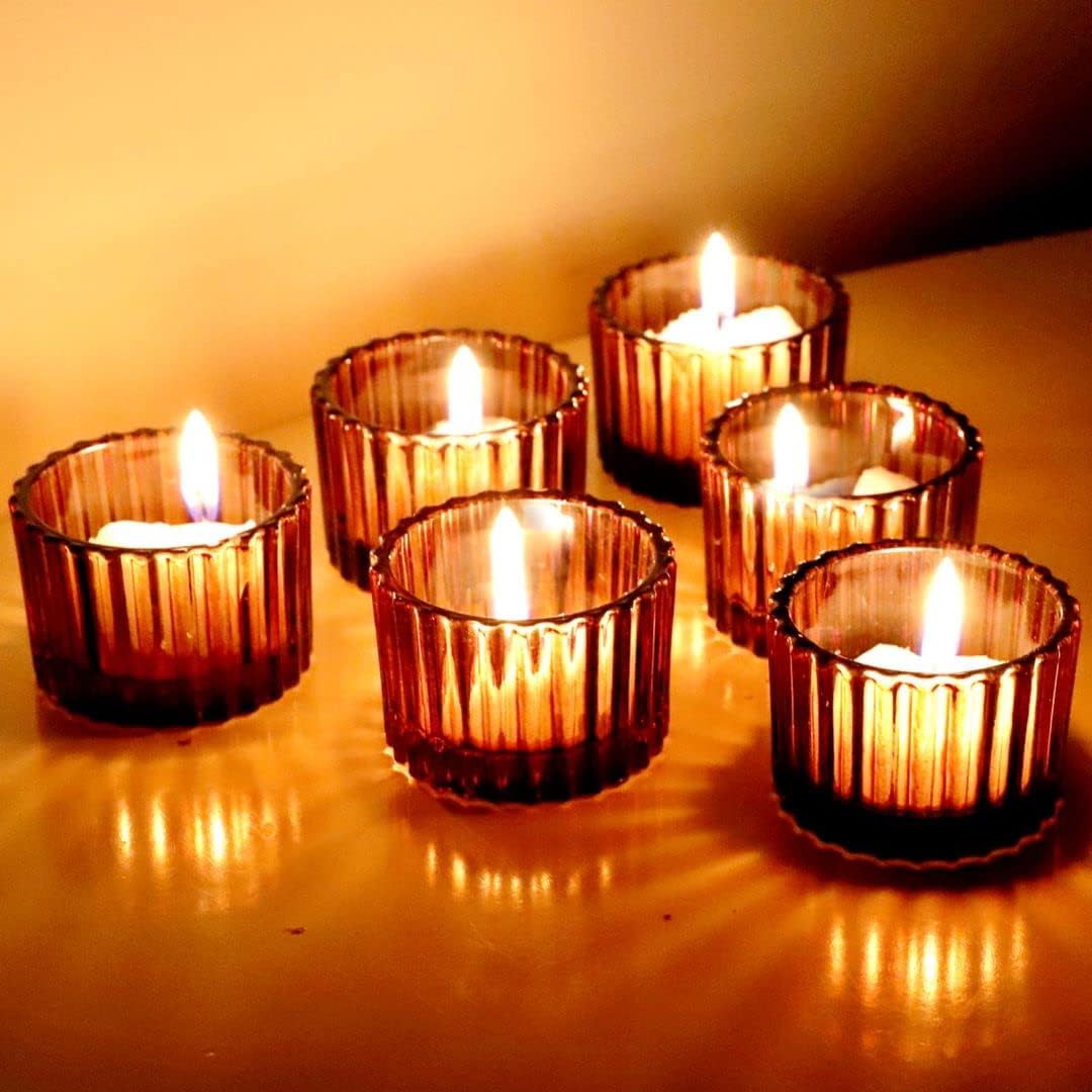 VOHO Amber Tealight Candle Holders - Set of 12 Glass Votive Holders for Home Decor | 2'' x 1.4''