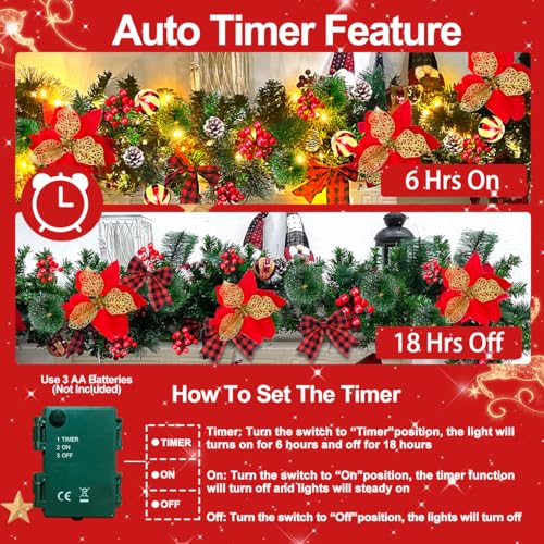 6 Ft Christmas Garland with Lights Battery Operated Prelit Decor Indoor Outdoor