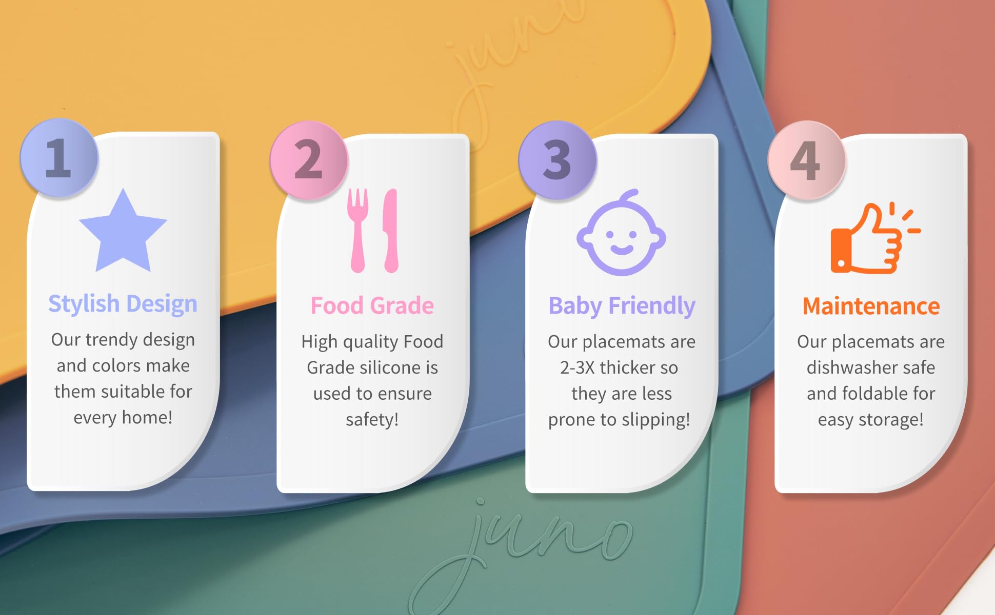JUNO Silicone Placemat Set of 4 for Adults, Baby, Toddlers, Kids. Modern Design, Easy to Clean, Waterproof, Washable, Stain & Heat Resistant, Non-Slip, Food-Grade, 3mm Extra Thick