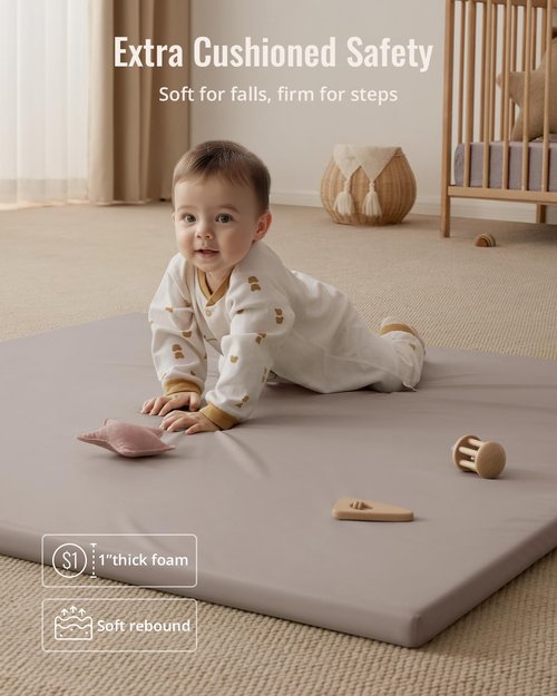 Blissful Diary Vegan Leather Baby Play Mat - 50x50 Waterproof Cushioned Foam Mat for Infants | Stylish Taupe Design