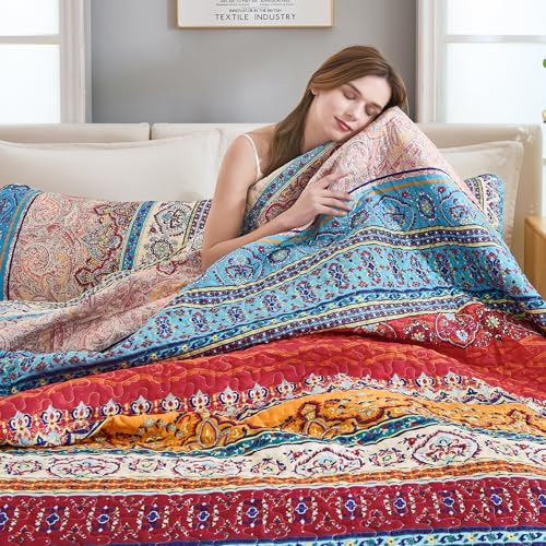 WONGS BEDDING Boho Queen Quilt Set - 3-Piece Lightweight Bedspread Coverlet