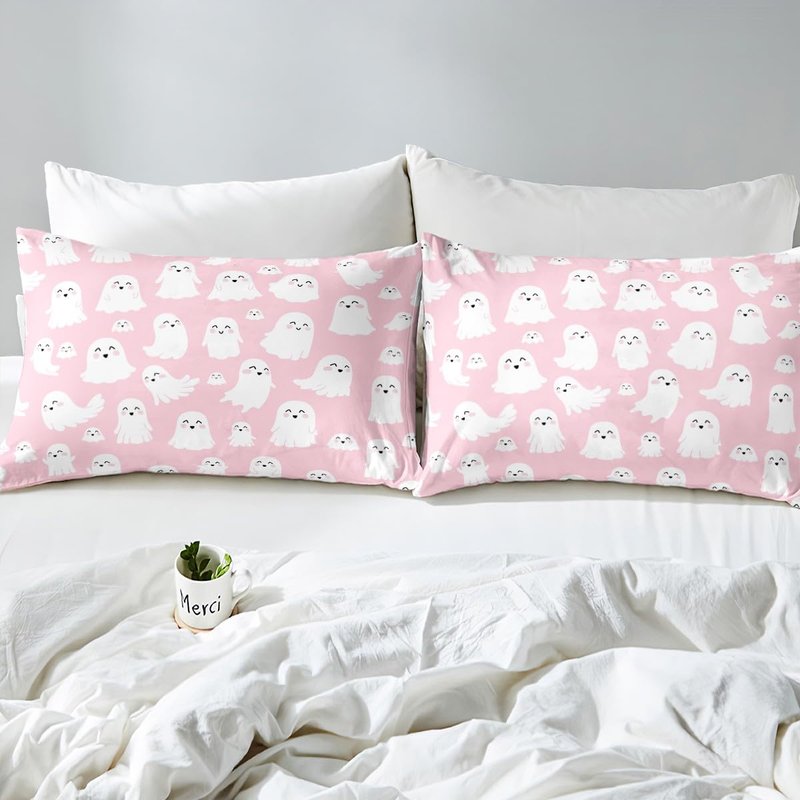 Feelyou Halloween Ghost Sheets Set Cute Pink Spooky King Size Bedding Set Decoration for Kids Boys Girls Cartoon Fitted Sheet Kawaii Lovely Bed Sheet Set Collection