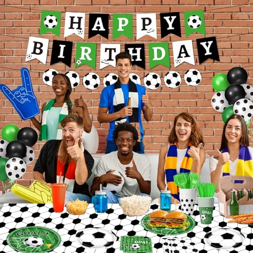 QIYANPAX Soccer Party Decorations Set - Includes Plates, Balloons, Banner, Tablecloth, Utensils for Soccer Theme Birthday Party