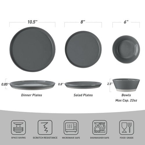 Famiware Saturn Dinnerware Sets for 4, 12 Pieces Stoneware Plates and Bowls Dish Set - Chip and Scratch Resistant, Microwave and Dishwasher Safe Tableware, Dark Gray