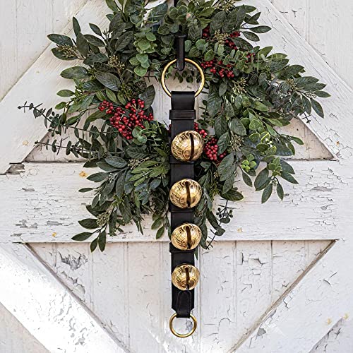 Hanging Brass Sleigh Bells on Leather Strap for Door Knob and Pet Training