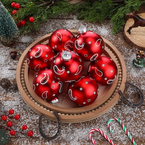 Soulchen 8 Pcs Red Glass Western Christmas Ornaments – Paisley Bandana Theme