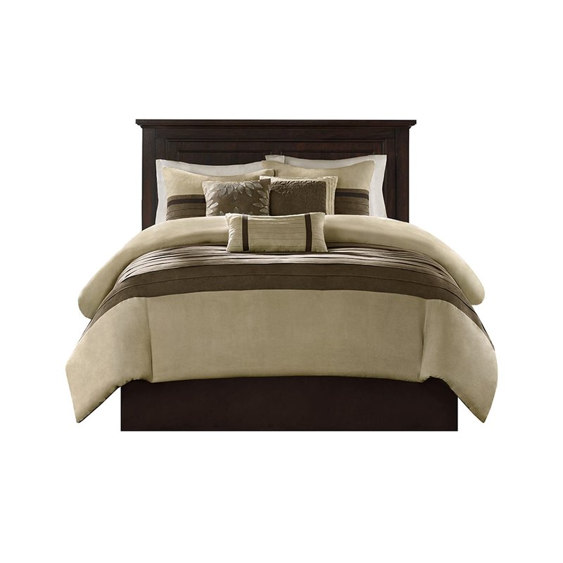 Madison Park Palmer Comforter Set - Faux Suede Design, Striped Accent, All Season Down Alternative Bedding, Matching Shams, Decorative Pillow, Bed Skirt, Full (82 in x 90 in), Natural 7 Piece