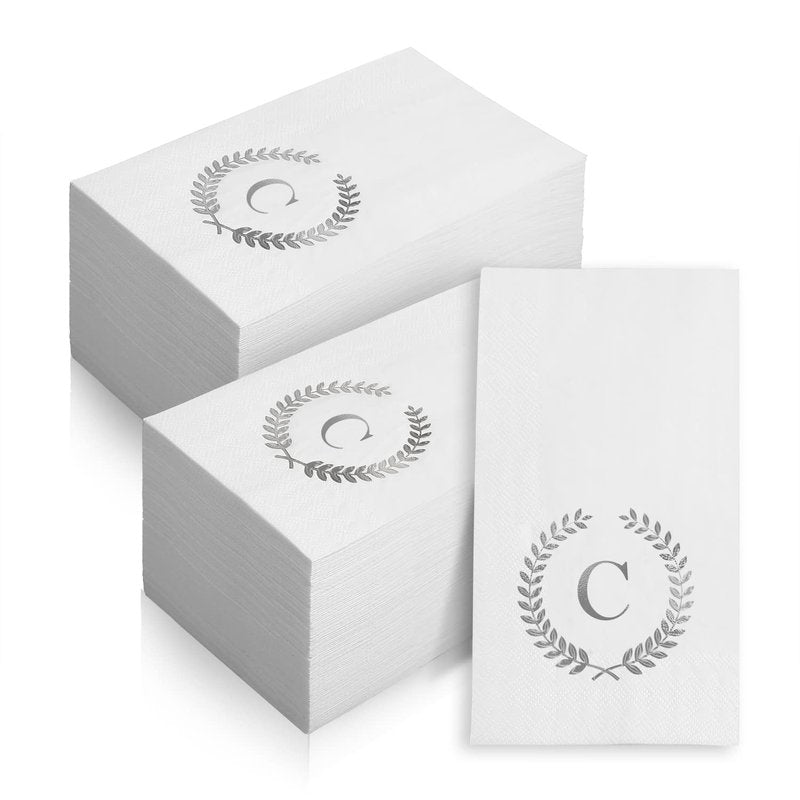 200 Pack Monogrammed Disposable Napkins Silver Foil Letter C Guest Napkins Initial Disposable Hand Paper Towels for Wedding Engagement Baby Shower Party Home Kitchen Bathroom Dinner Decorative Towels