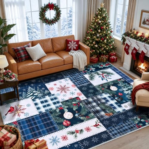 AtawLege Christmas Area Rug 5x7 Blue - Washable Winter Patchwork with Non-Slip Backing