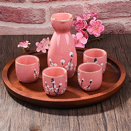 Pink Snow Plum Blossom Ceramic Sake Set of 5 with 4 Cups - Whitenesser