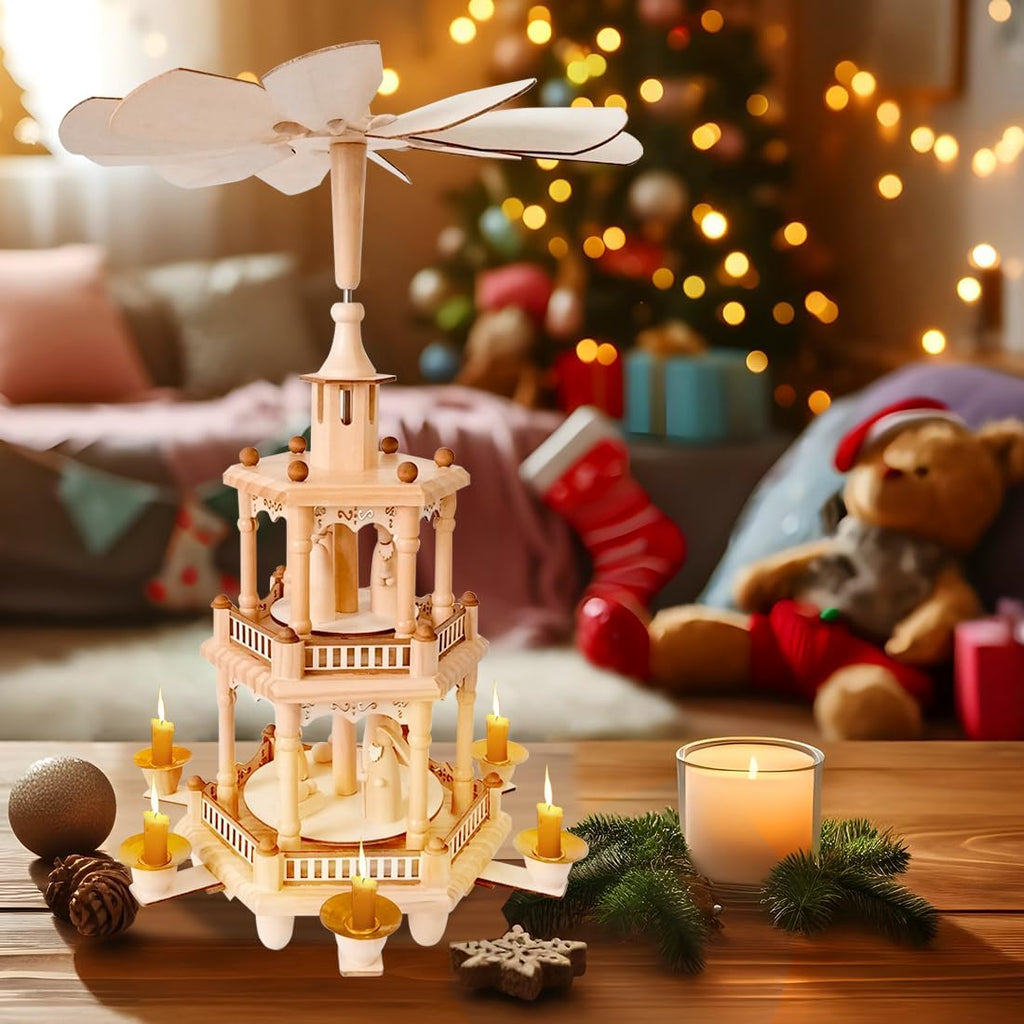 Rotating Christmas Pyramids | 17-Inch Wooden Nativity Scene with 6 Candle Holders - 3-Tier Carousel