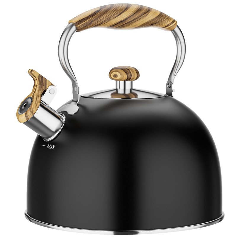 Chefbar 4.2 Quart Tea Kettle Stovetop Whistling for Stove Top Food Grade Stainless Steel Tea Kettles with Cool Wood Pattern Handle Black