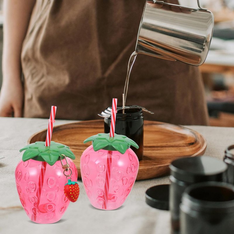 DOITOOL Strawberry Shaped Cups with Lids and Straws 16 Pcs Plastic Strawberry Drinking Tumblers for Girls Portable Milk Tea Cups for Parties and Everyday Use