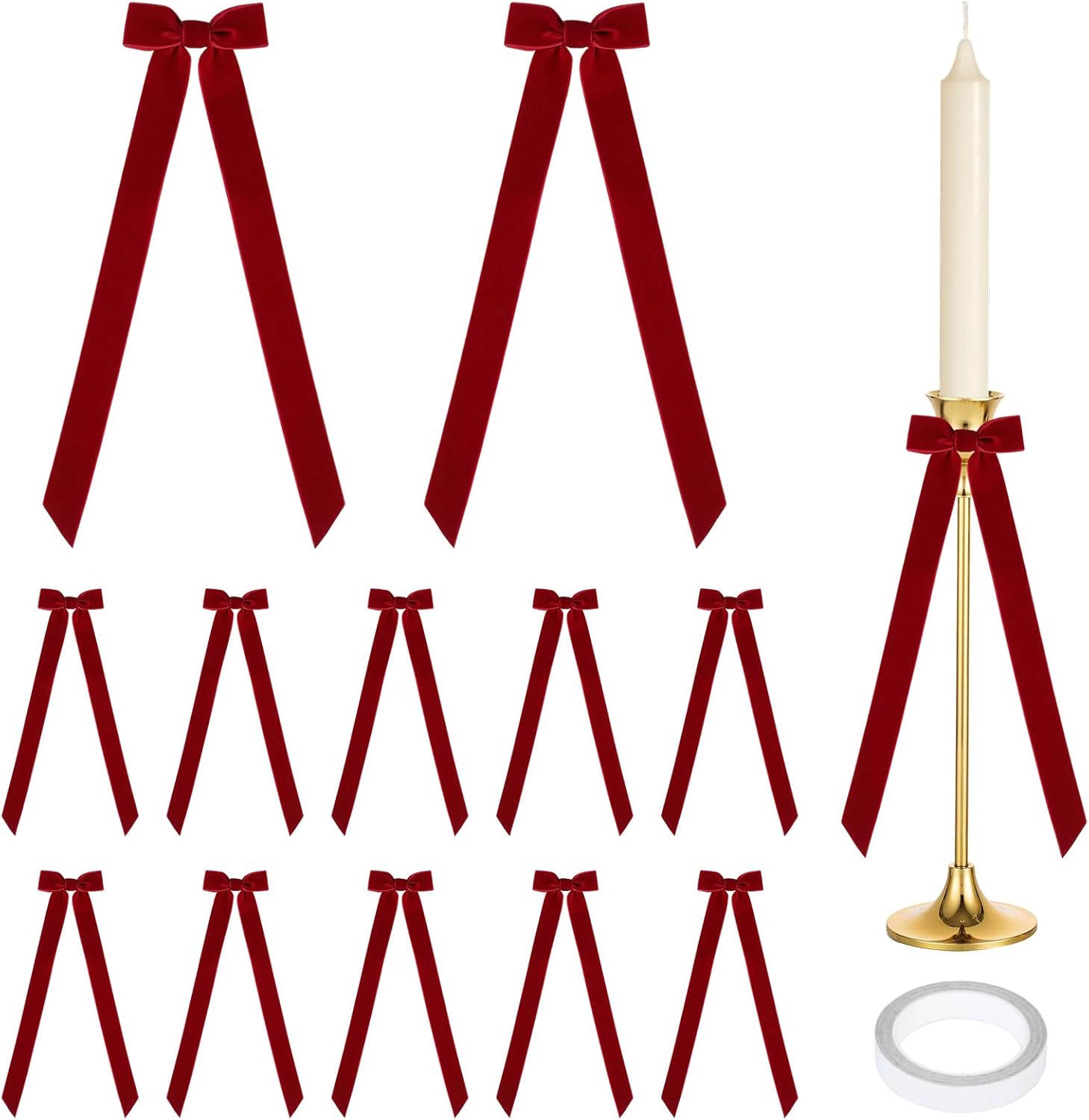 Regine Switzerland 12Pcs Red Christmas Candlestick Bows - 13 Inch Velvet Ribbon for Table Decor & Gift Wrapping