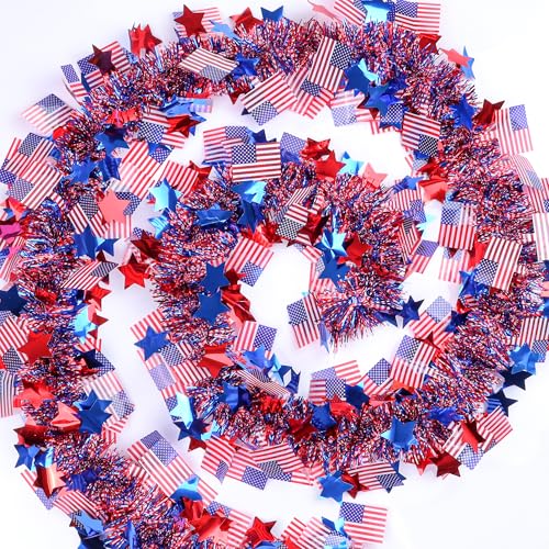 Patriotic Tinsel Garland 50ft - Red White and Blue 4th of July Decor