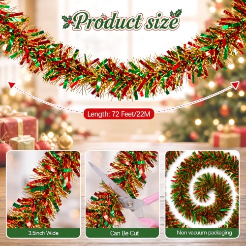 72 ft Red Green Gold Christmas Tinsel Garland – Foil Metallic Twist Streamer