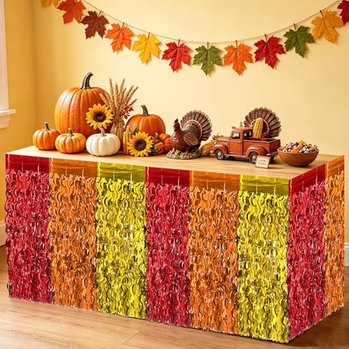 DTOFOOT Fall Style 4 Pack Metallic Table Skirts – Wavy Fringe Thanksgiving Decorations